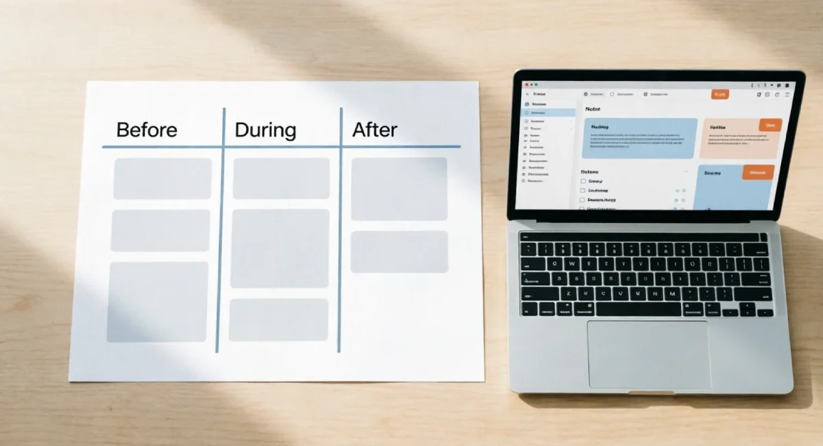 one page marketing plan free Notion template layout on desk