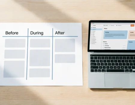 one page marketing plan free Notion template layout on desk