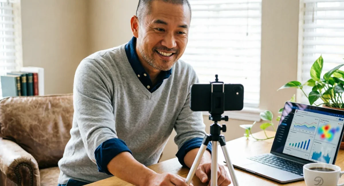 Business owner creating organic social media marketing content on a smartphone without paid ads
