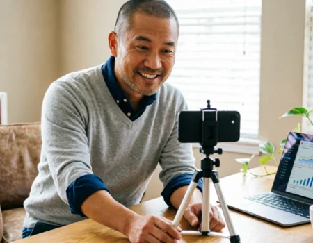 Business owner creating organic social media marketing content on a smartphone without paid ads