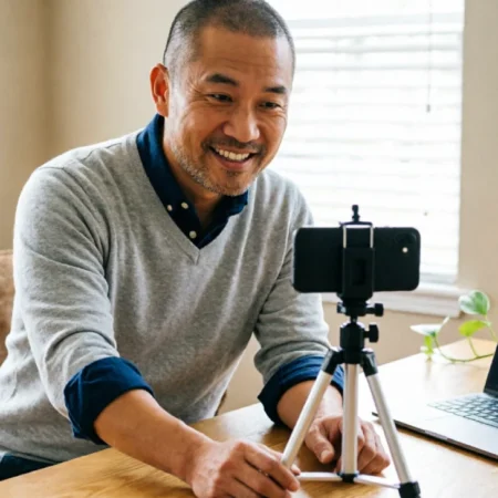 Business owner creating organic social media marketing content on a smartphone without paid ads