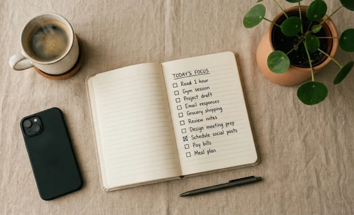 Notebook and coffee flat lay representing tips to avoid emotional spending triggers