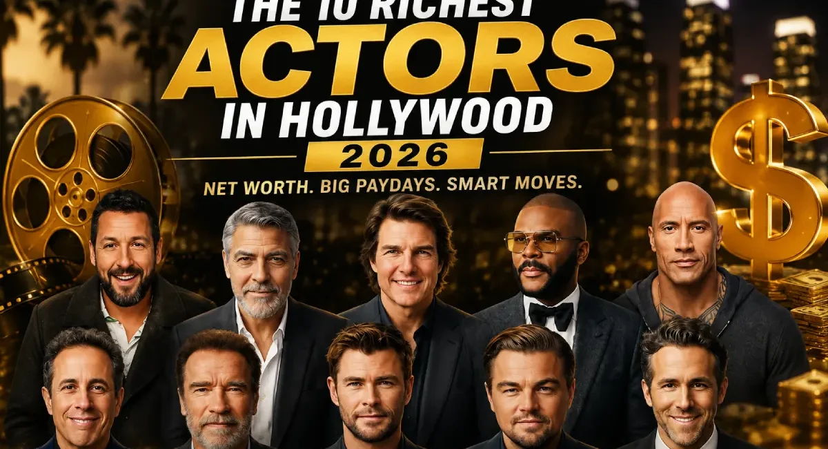 Richest actors in Hollywood 2026 featuring Tyler Perry, Tom Cruise, Dwayne Johnson, George Clooney, Adam Sandler, Arnold Schwarzenegger and other highest-paid Hollywood stars.