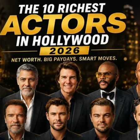 Richest actors in Hollywood 2026 featuring Tyler Perry, Tom Cruise, Dwayne Johnson, George Clooney, Adam Sandler, Arnold Schwarzenegger and other highest-paid Hollywood stars.