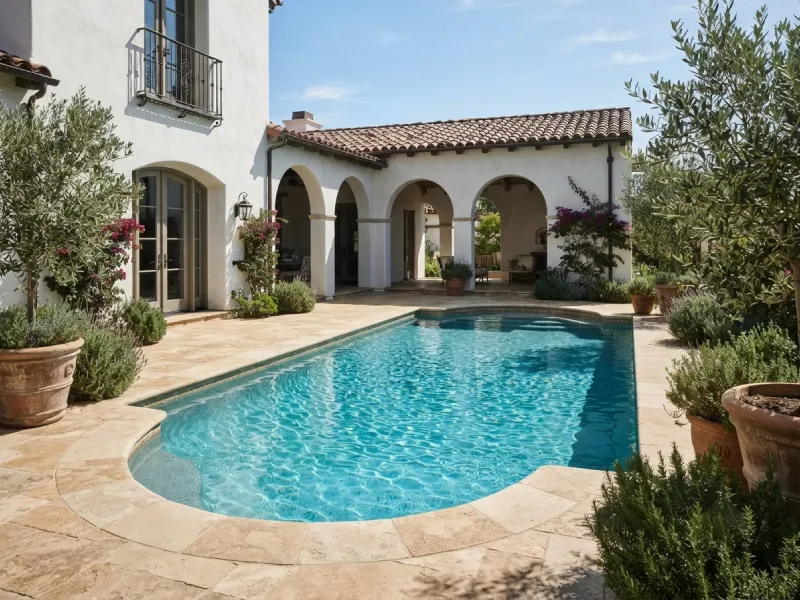 Roman-style pool with arched details beside a Spanish colonial home