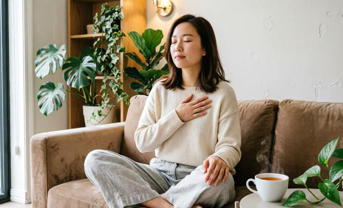 Woman calmly releasing guilt after learning to say no without over-explaining