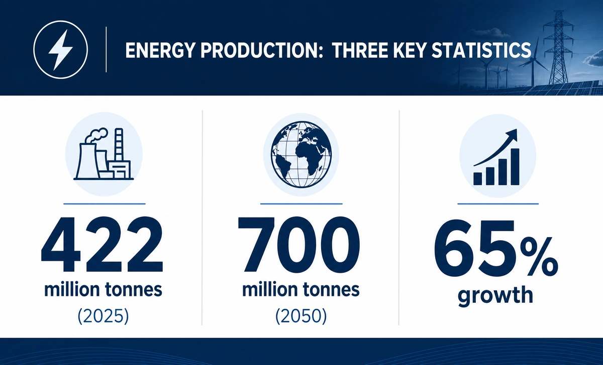 Infographic showing Shell LNG Outlook 2026 key statistics, 422 million tonnes in 2025, 700 million tonnes by 2050, 65 percent growth