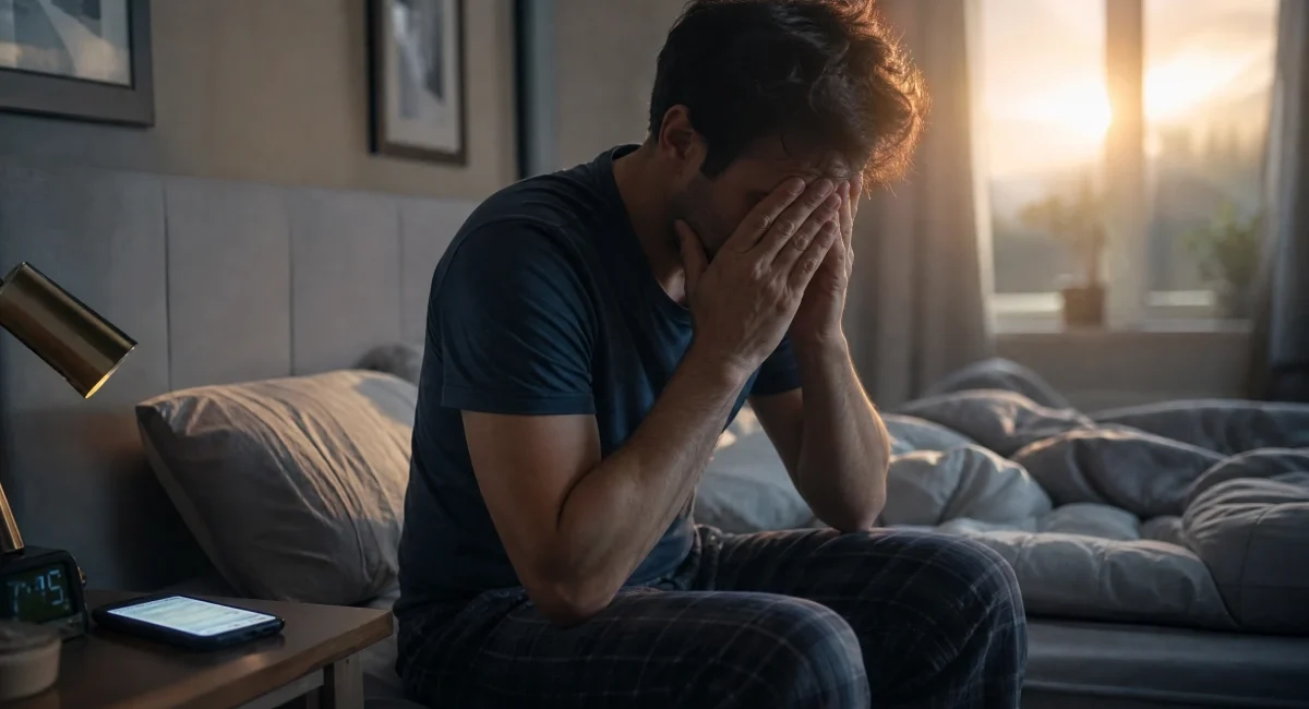 sleep deprivation in adults shown through a tired person waking up