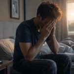 sleep deprivation in adults shown through a tired person waking up