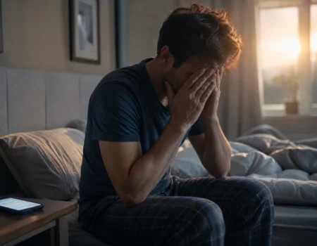 sleep deprivation in adults shown through a tired person waking up