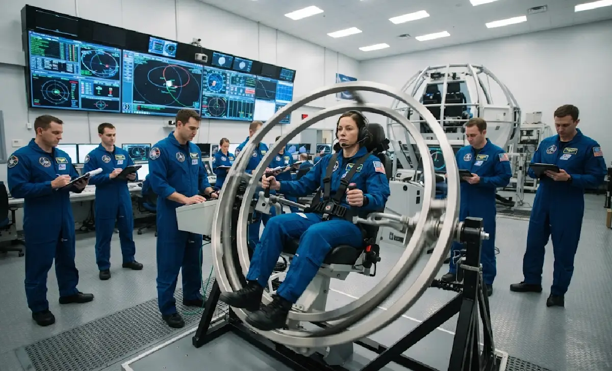 Adult trainees in flight suits during astronaut training simulation
