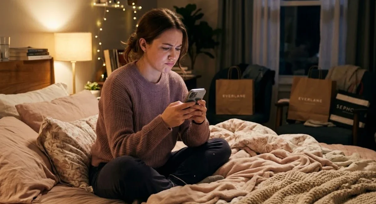 Woman spotting emotional spending triggers while scrolling shopping app at night