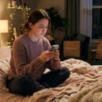 Woman spotting emotional spending triggers while scrolling shopping app at night