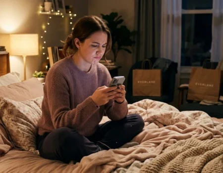 Woman spotting emotional spending triggers while scrolling shopping app at night