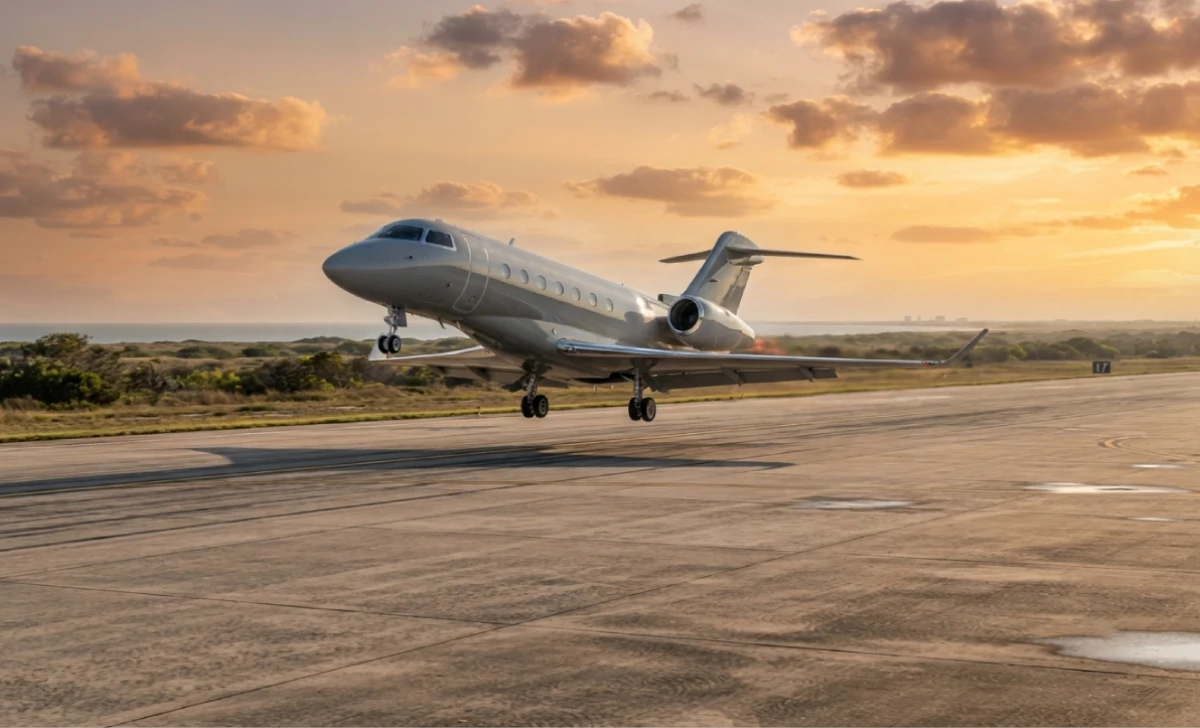 Small private jet taking off near Brownsville Texas close to SpaceX launch site