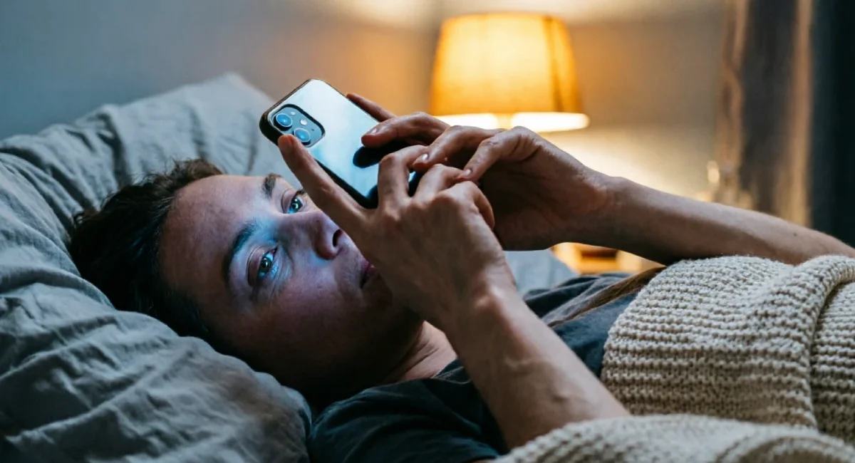 Person in bed at night scrolling phone, illustrating how to stop doomscrolling without quitting social media