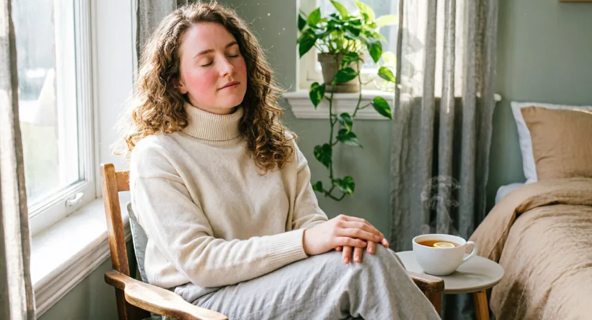 Woman practicing mindfulness to stop overthinking and anxiety naturally