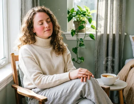 Woman practicing mindfulness to stop overthinking and anxiety naturally
