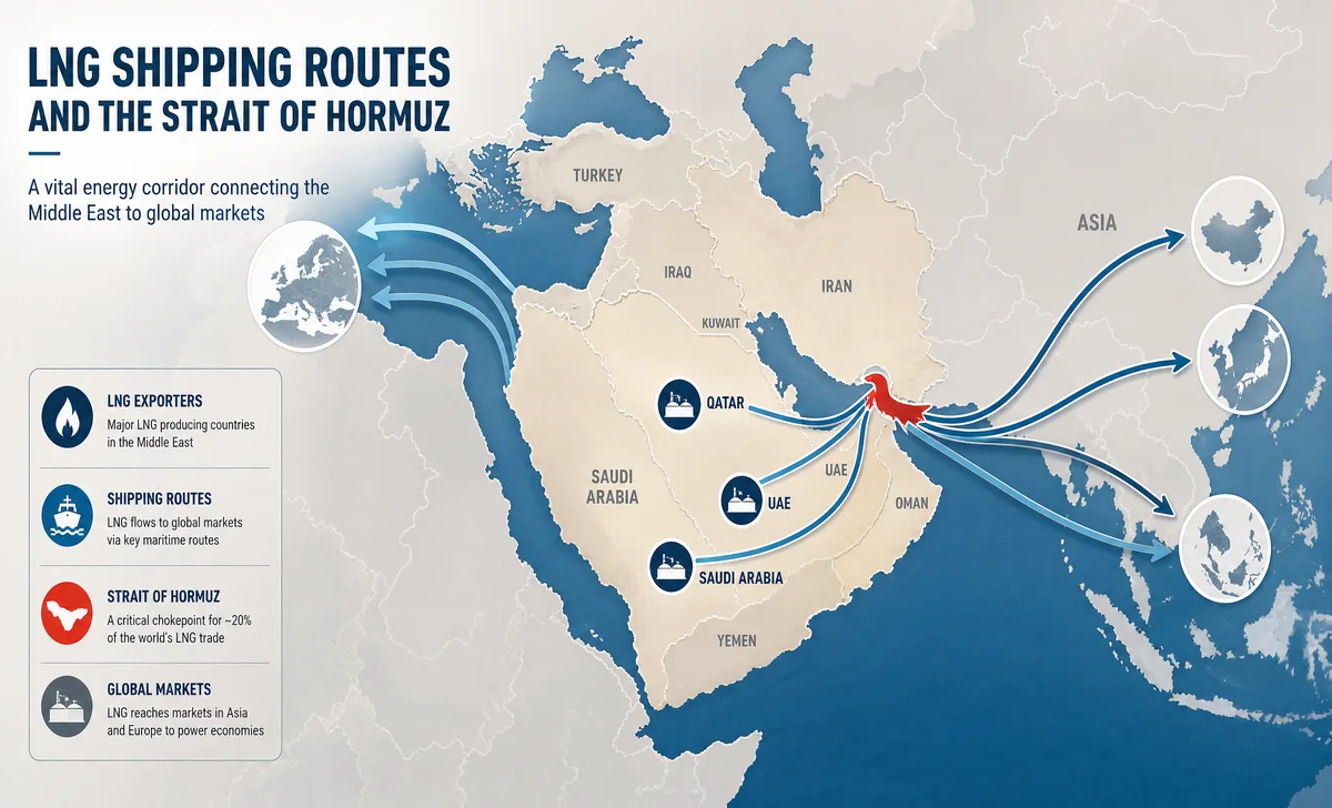 Map showing the Strait of Hormuz and its role as a chokepoint for global LNG shipping routes