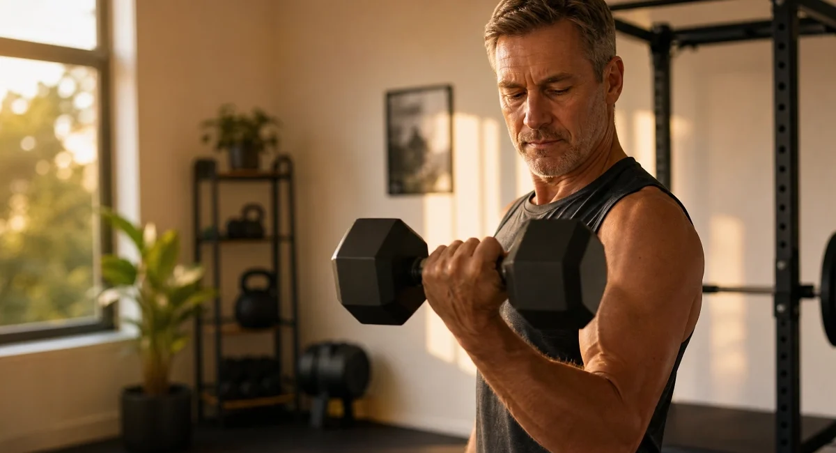 Person lifting dumbbells showing the link between strength training and longevity