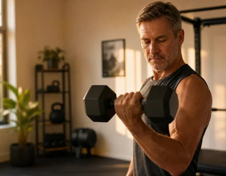 Person lifting dumbbells showing the link between strength training and longevity
