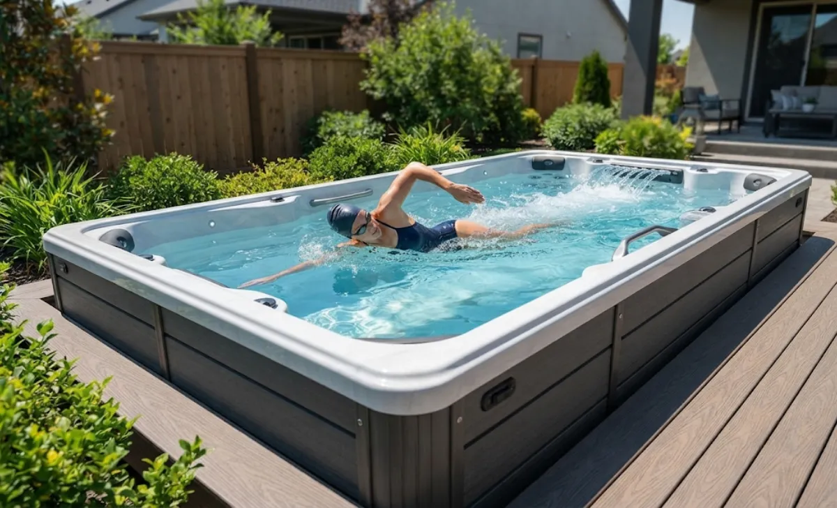 Person swimming against the current in a swim spa for exercise