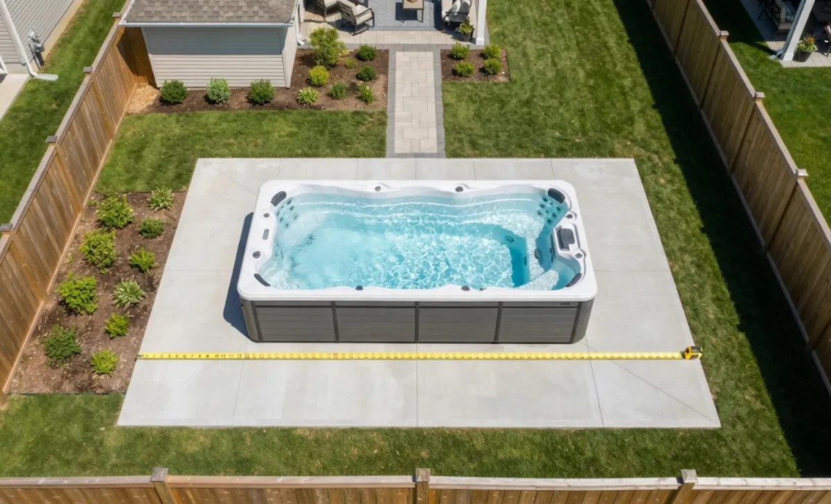 Overhead view of a swim spa installed on a reinforced concrete pad