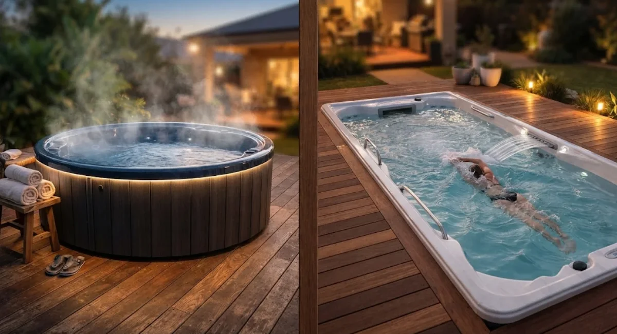 Comparison of a swim spa and a hot tub showing size difference, seating layout, and dual-zone vs single-zone design for backyard use.
