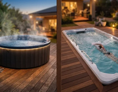 Comparison of a swim spa and a hot tub showing size difference, seating layout, and dual-zone vs single-zone design for backyard use.
