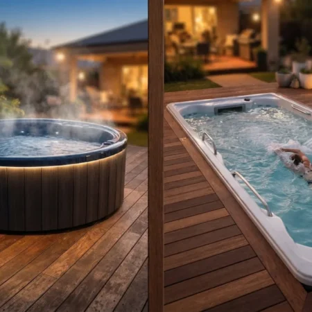 A hot tub and a swim spa shown side by side in a backyard setting