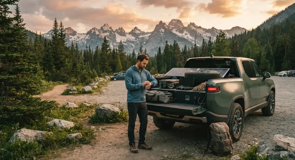 Traveler at a mountain trailhead with an electric adventure truck and GPS watch