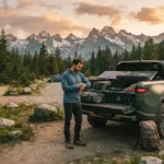 Traveler at a mountain trailhead with an electric adventure truck and GPS watch
