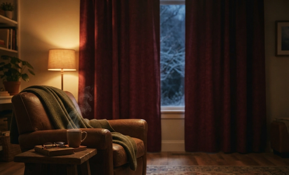 Heavy thermal curtains insulating windows to keep heat in during a cold evening