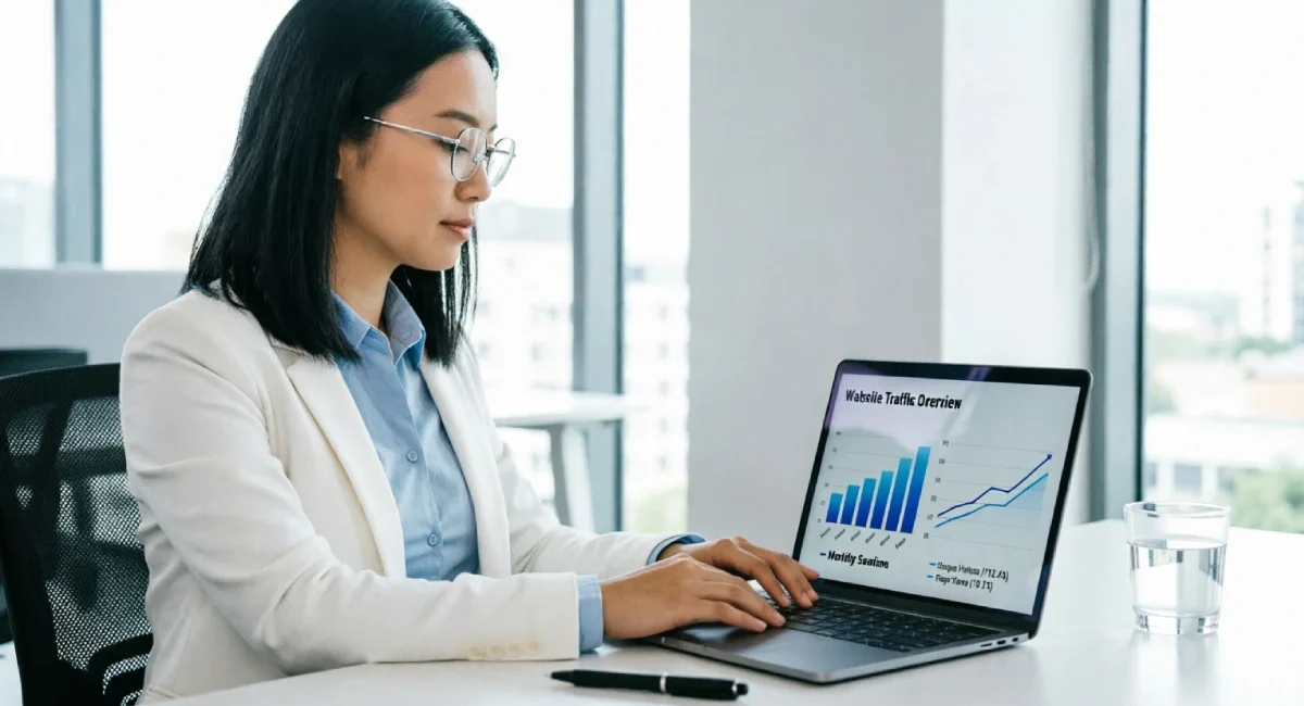 Marketer using GA4 dashboard to track website traffic GA4