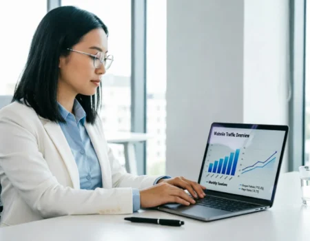 Marketer using GA4 dashboard to track website traffic GA4