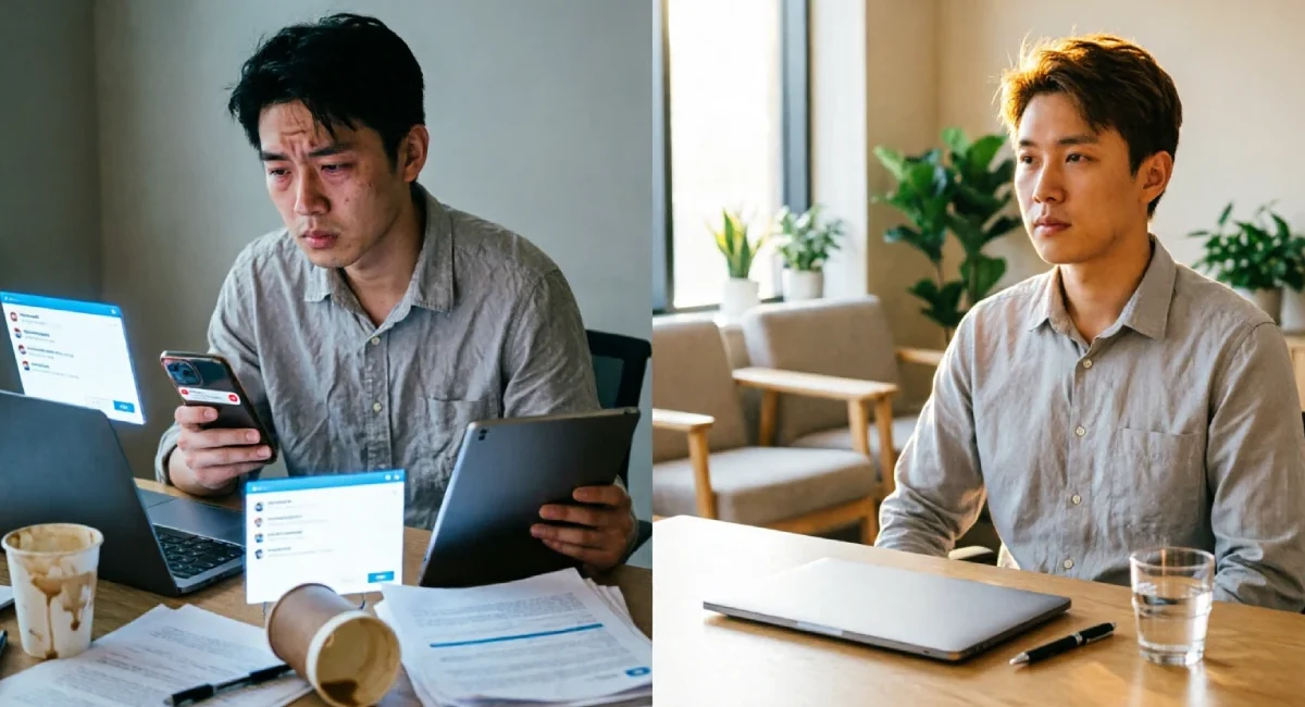 Why multitasking reduces work productivity — split image showing scattered vs focused work