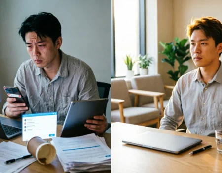 Why multitasking reduces work productivity — split image showing scattered vs focused work