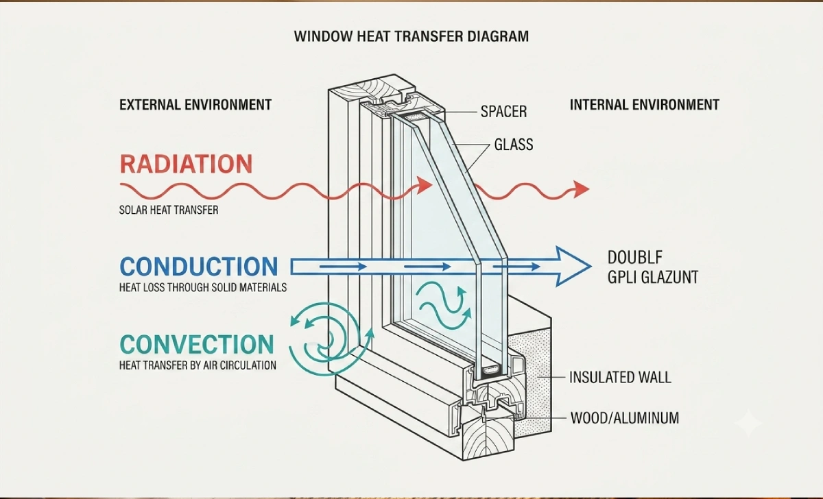 Diagram showing radiation, conduction, and convection through a window