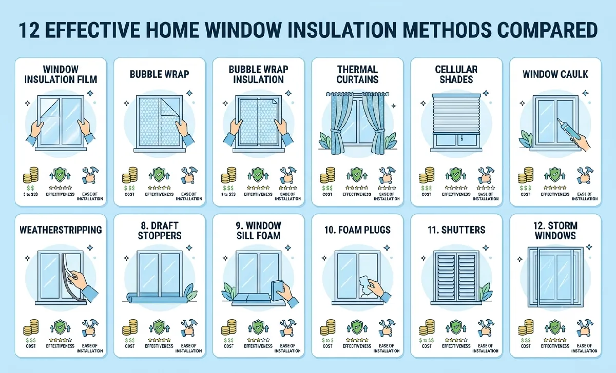 Comparison chart of 12 window insulation methods by cost and effectiveness